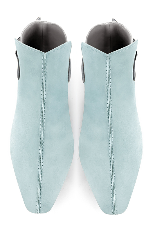 Women's aquamarine blue, silver and dove grey elegant ankle boots, with buckles at the back. Square toe. Flat flare heels - Top view